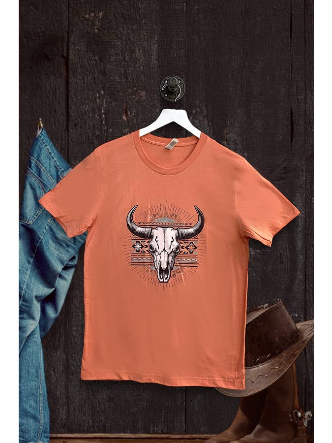 Not My First Rodeo Aztec steer graphic tee in Sunset