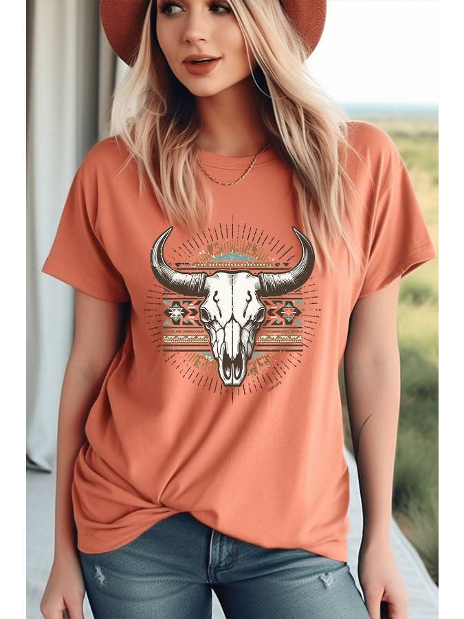 Sunset western graphic tee with Aztec steer design