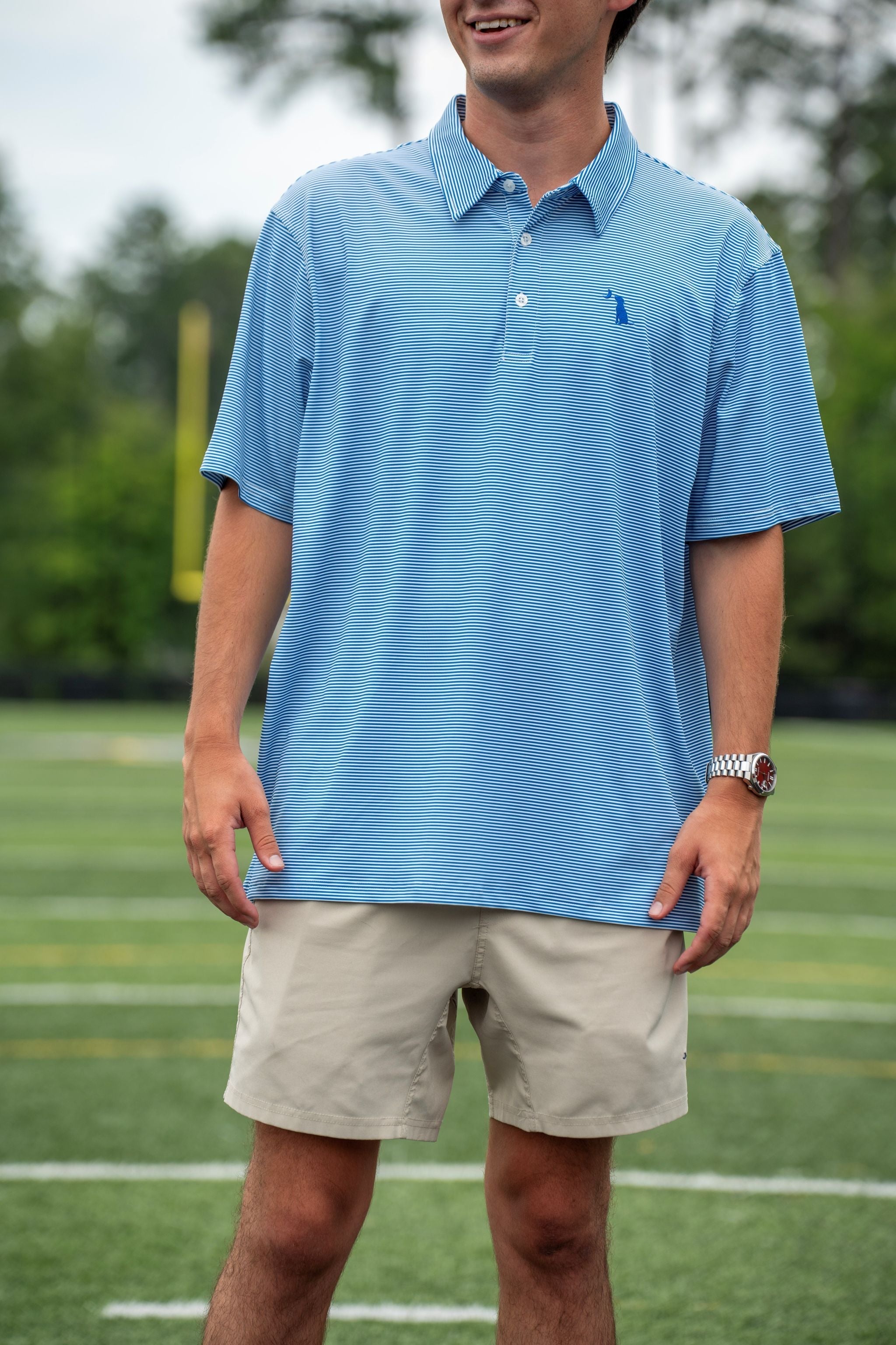 Local Boy Collegiate Palms Polo in Blue and White, lifestyle view