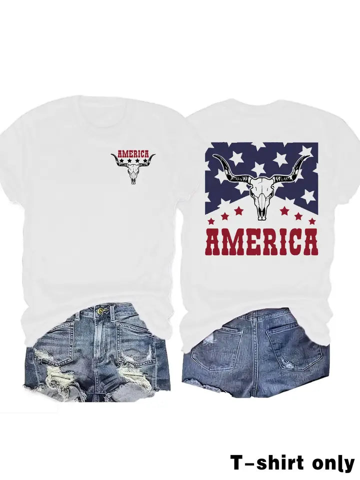 Patriotic Western Cow Skull America Graphic Tee