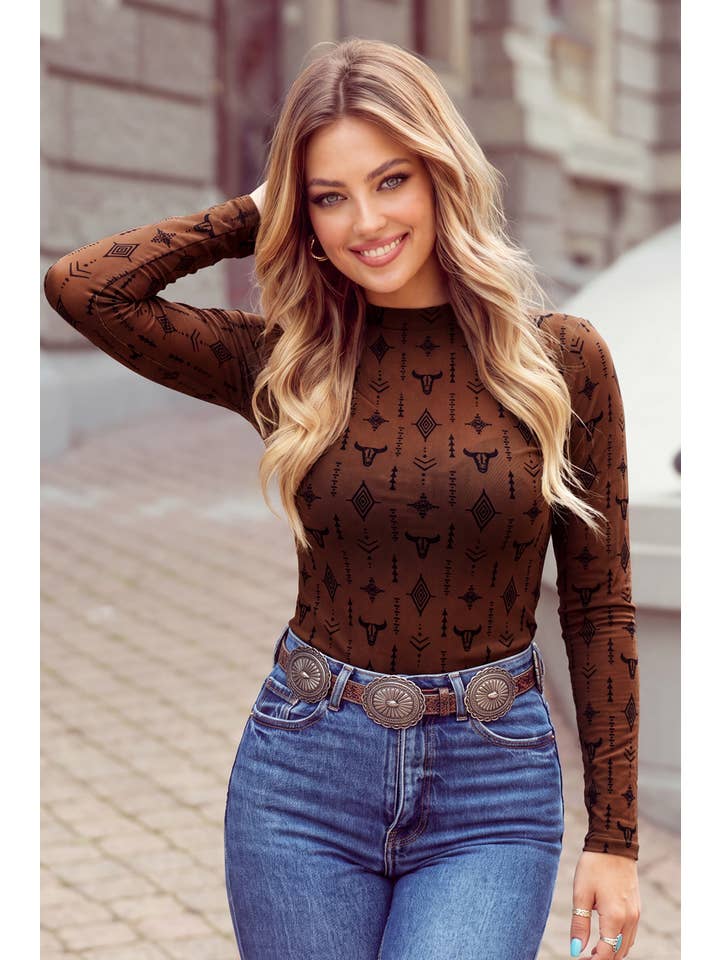 Women’s chestnut retro western print mesh long-sleeve top