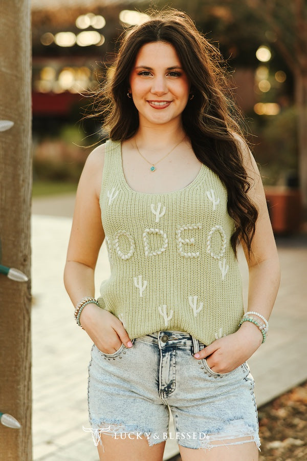 Sage Knit Tank With Braid Rodeo Cactus Embroidered Top