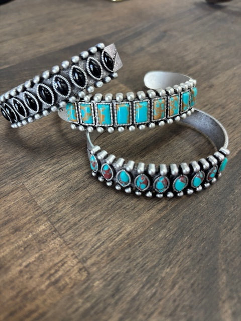 Silver Bracelets with teal, brown and black stones