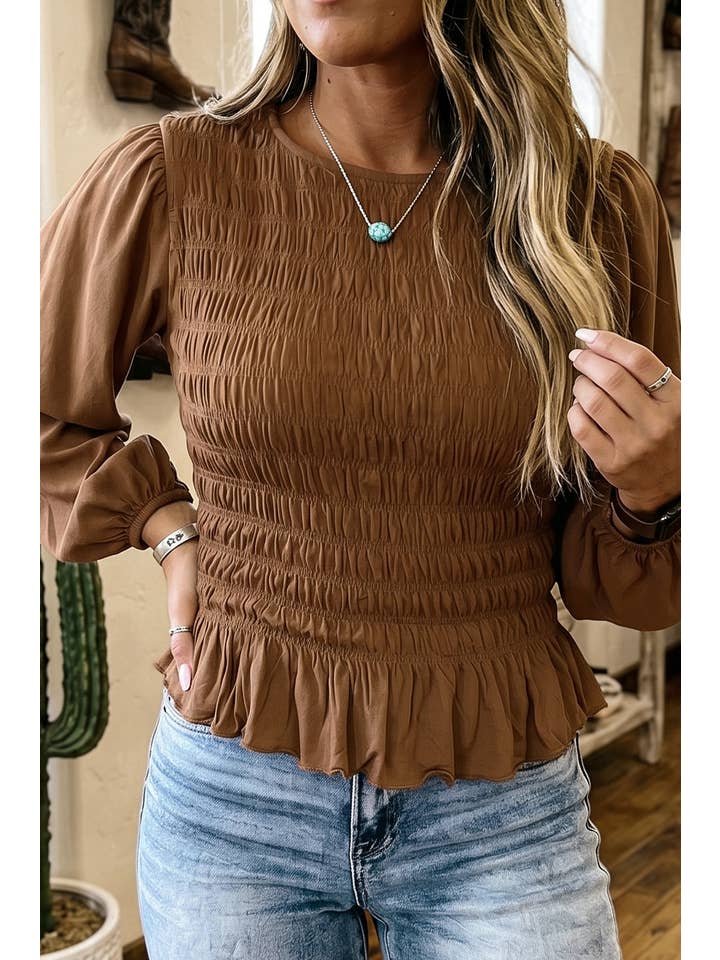 Little Daisy Closet smocked ruffle-hem blouse in Coffee view 1