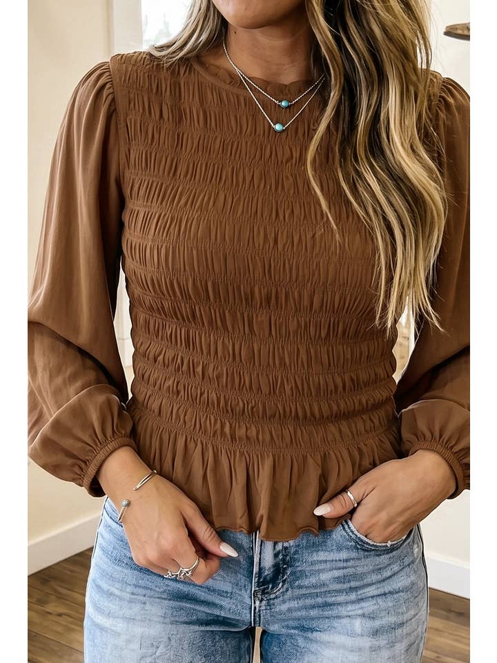 Little Daisy Closet smocked ruffle-hem blouse in Coffee view 2