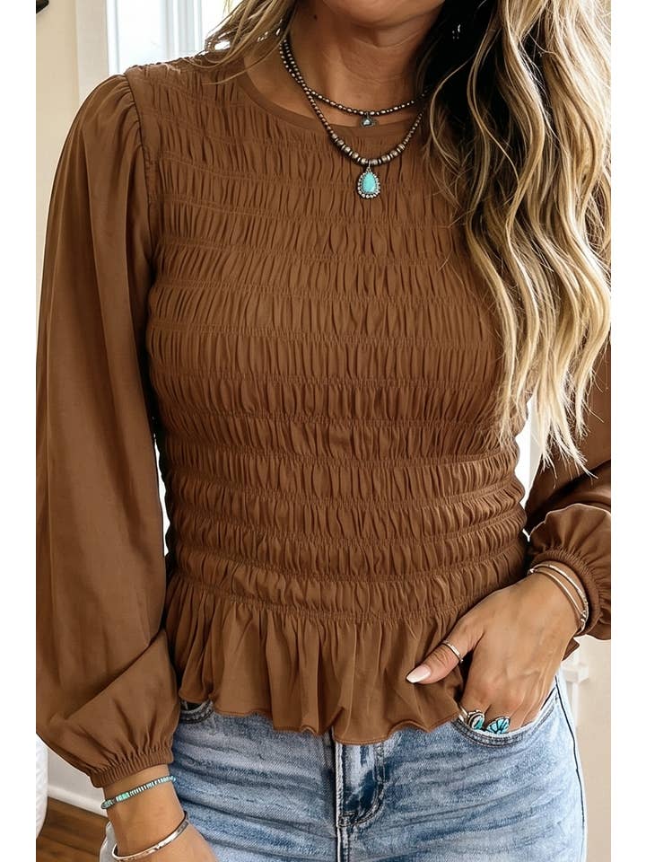 Little Daisy Closet smocked ruffle-hem blouse in Coffee view 3