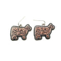 Snowing West Western etched cow dangle earrings in Copper
