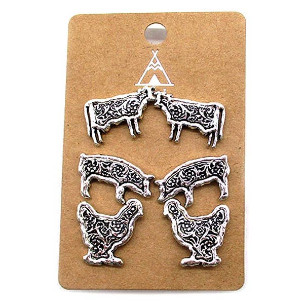 Snowing West Western Farm Animal 3-Pair Earrings with cow, pig, and chicken studs