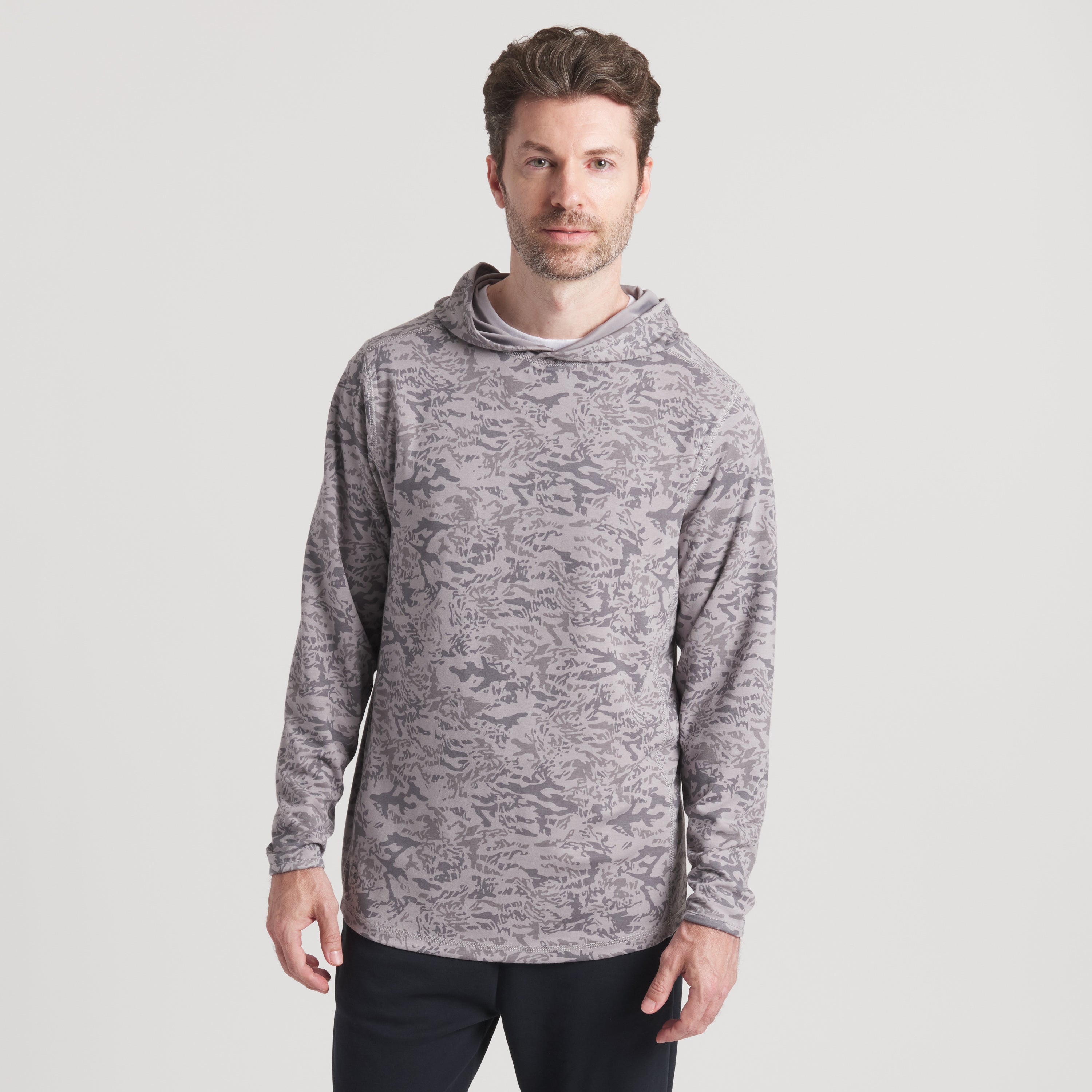 Southern Marsh Birkdale MarshLUX Hoodie – Dark Gray Camo worn front view