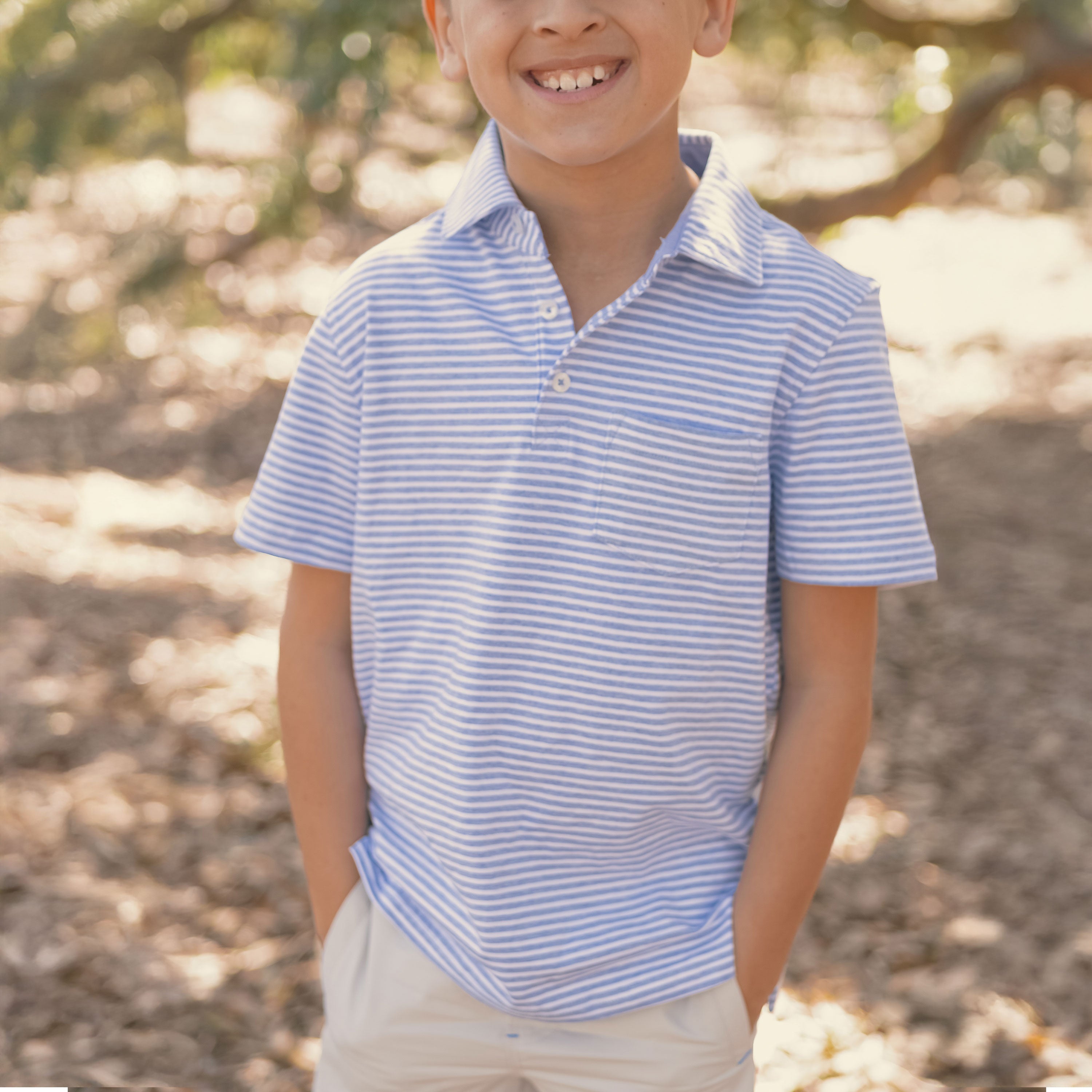 Southern Marsh Youth Nantucket Stripe Polo – French Blue lifestyle view