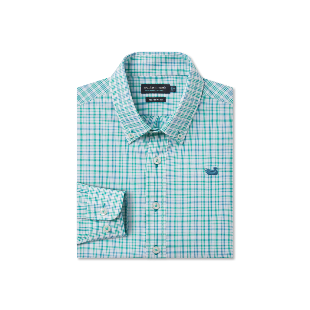 Southern Marsh Youth Odessa Performance Dress Shirt – Green & Teal front view