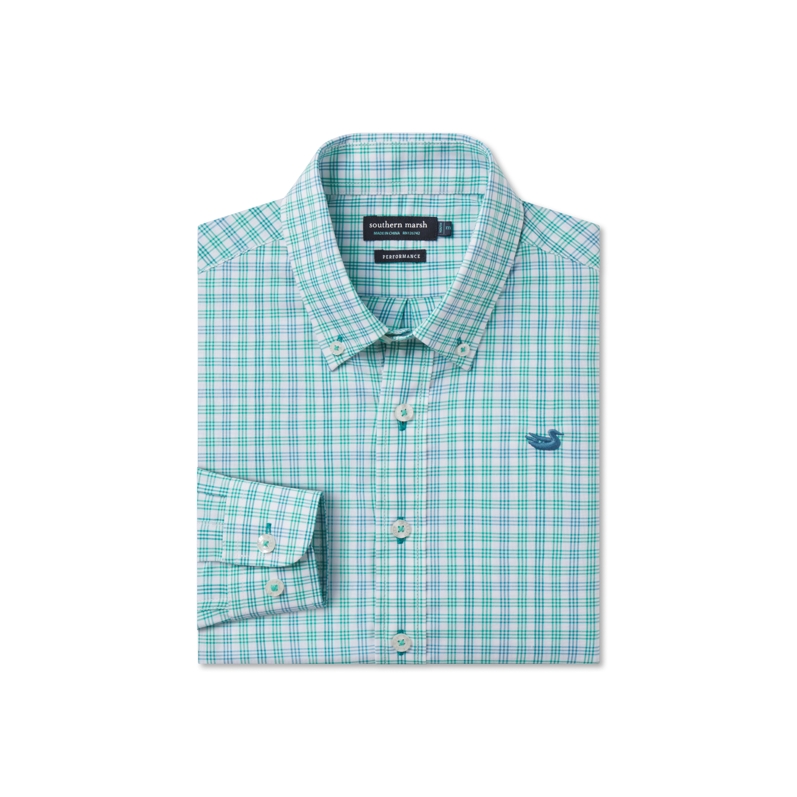 Southern Marsh Youth Odessa Performance Dress Shirt – Green & Teal front view