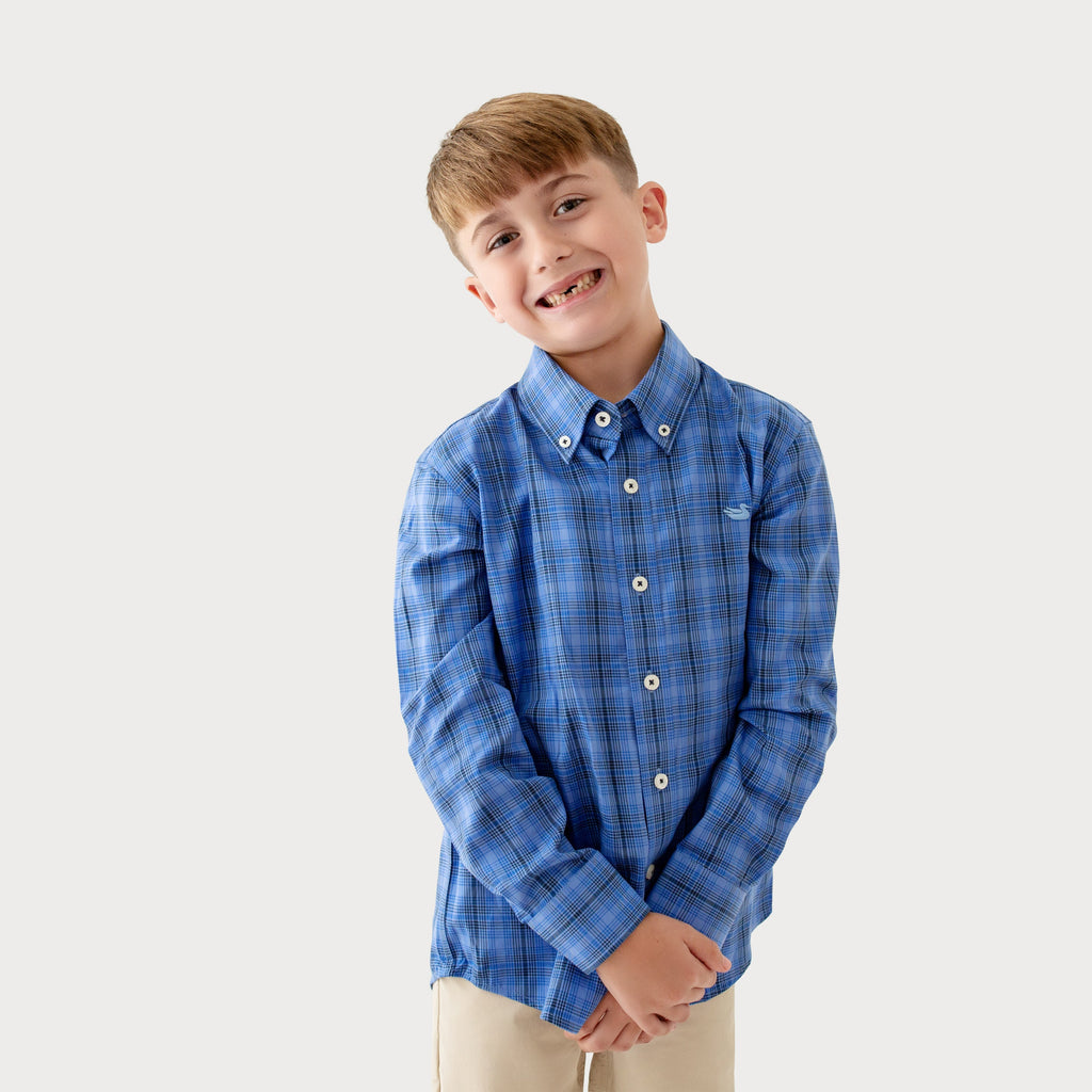 Southern Marsh Youth Winston Dress Shirt – French Blue & Navy worn front view