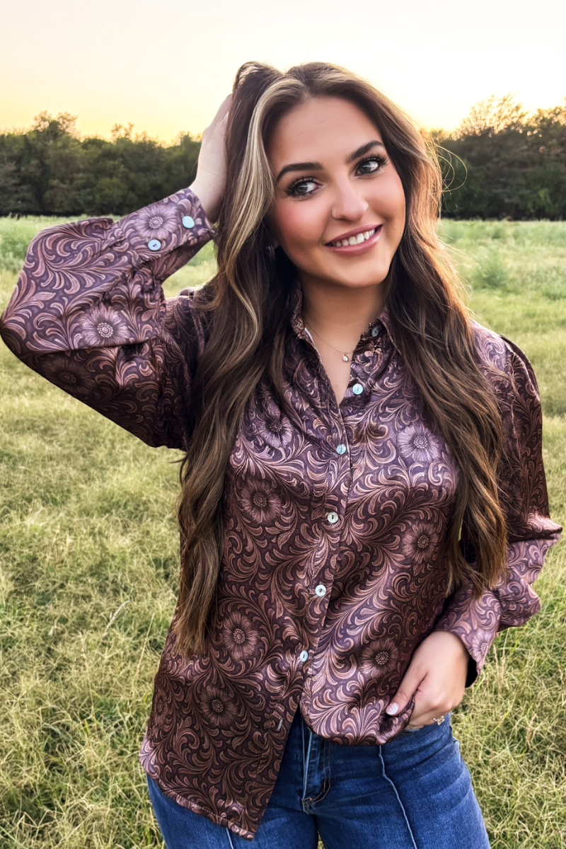 Sterling Kreek Bronzed Bloom button-up shirt detail view