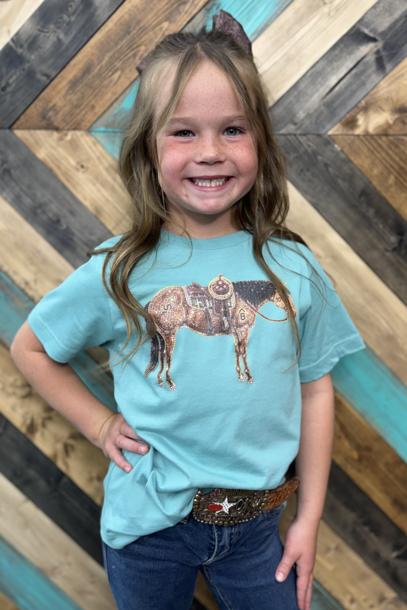 Mini Rhinestone Cowhorse kids western tee detail view