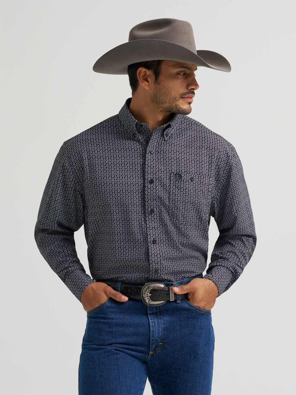 Men's Wrangler George Strait black and red print performance shirt front view
