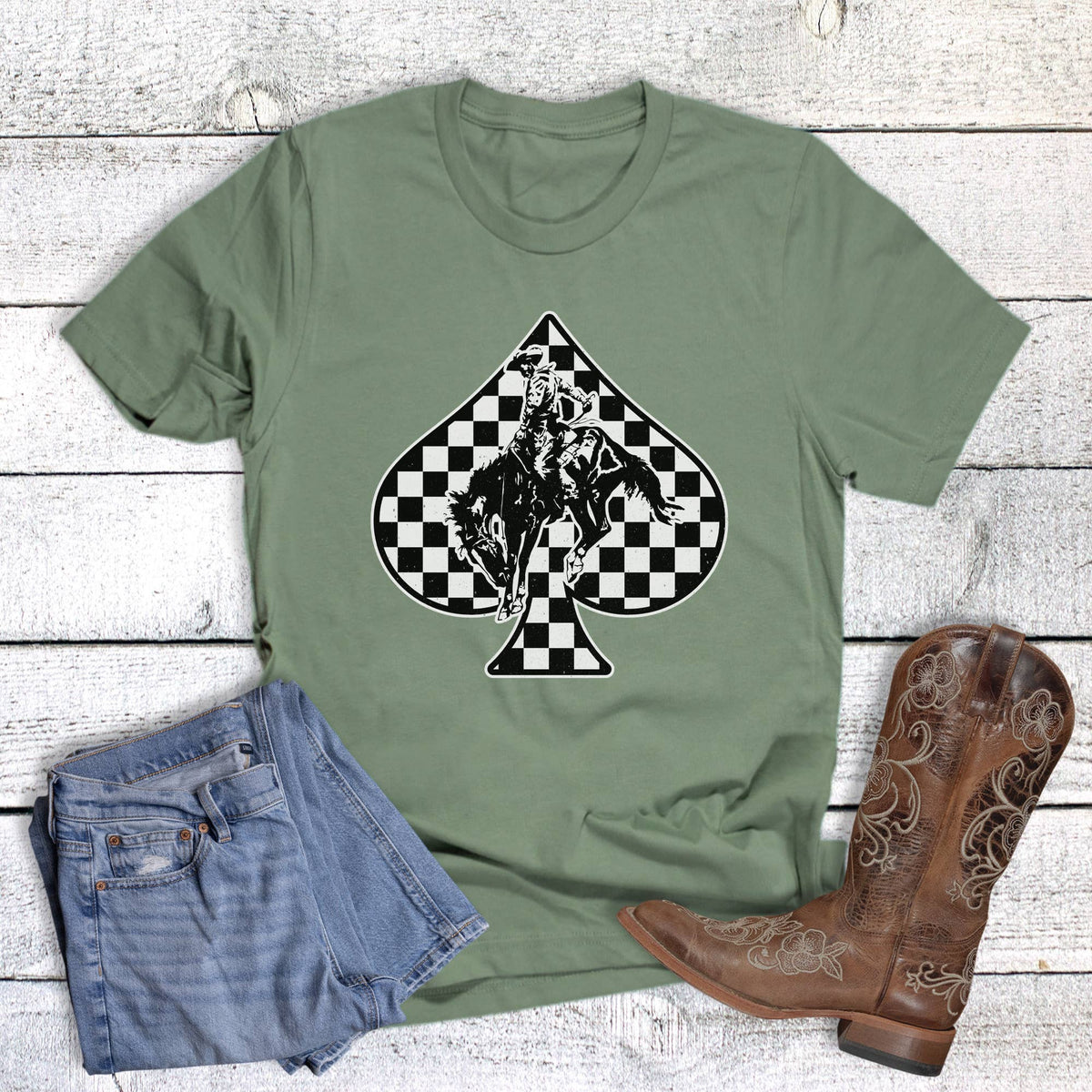 Sage Western Cowboy Check Spade Graphic Tee