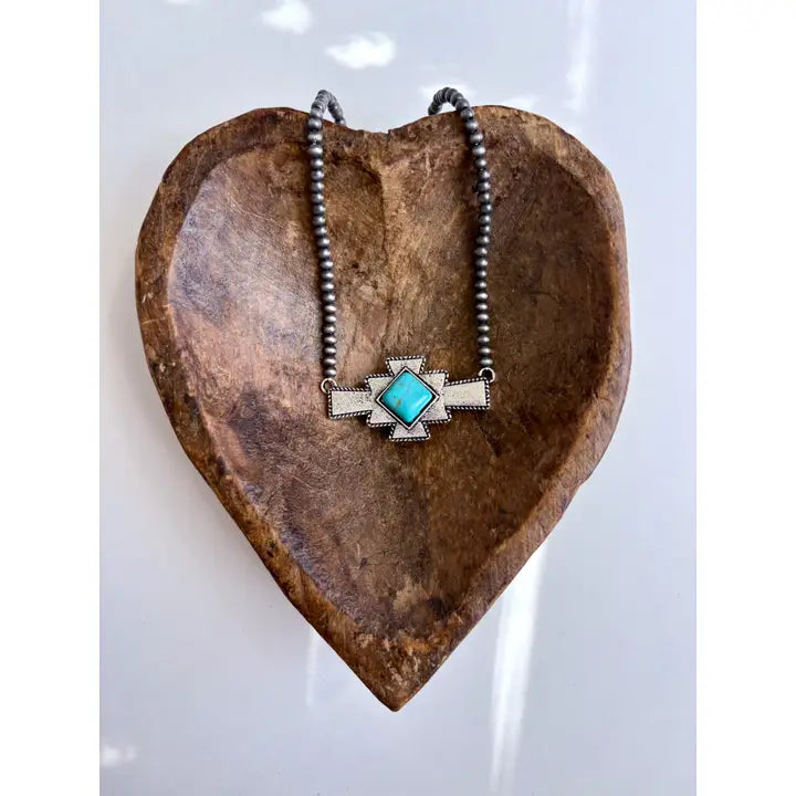 Western Aztec Stone Pendant Navajo Pearl Bead Necklace