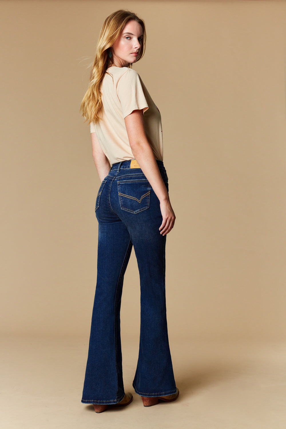 Back view of women's Western Blue W2371-PF dark-wash flare jeans