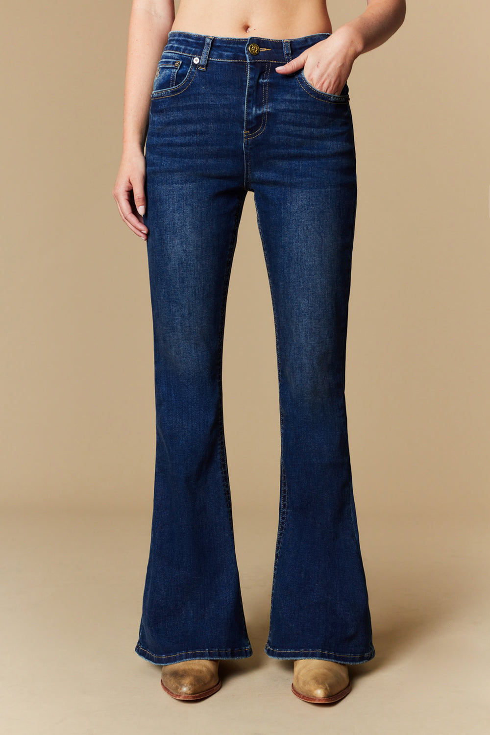 Front view of women's Western Blue W2371-PF dark-wash flare jeans
