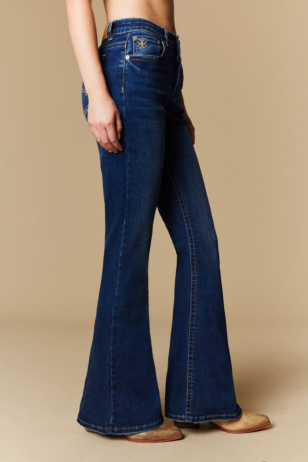 Side view of women's Western Blue W2371-PF dark-wash flare jeans