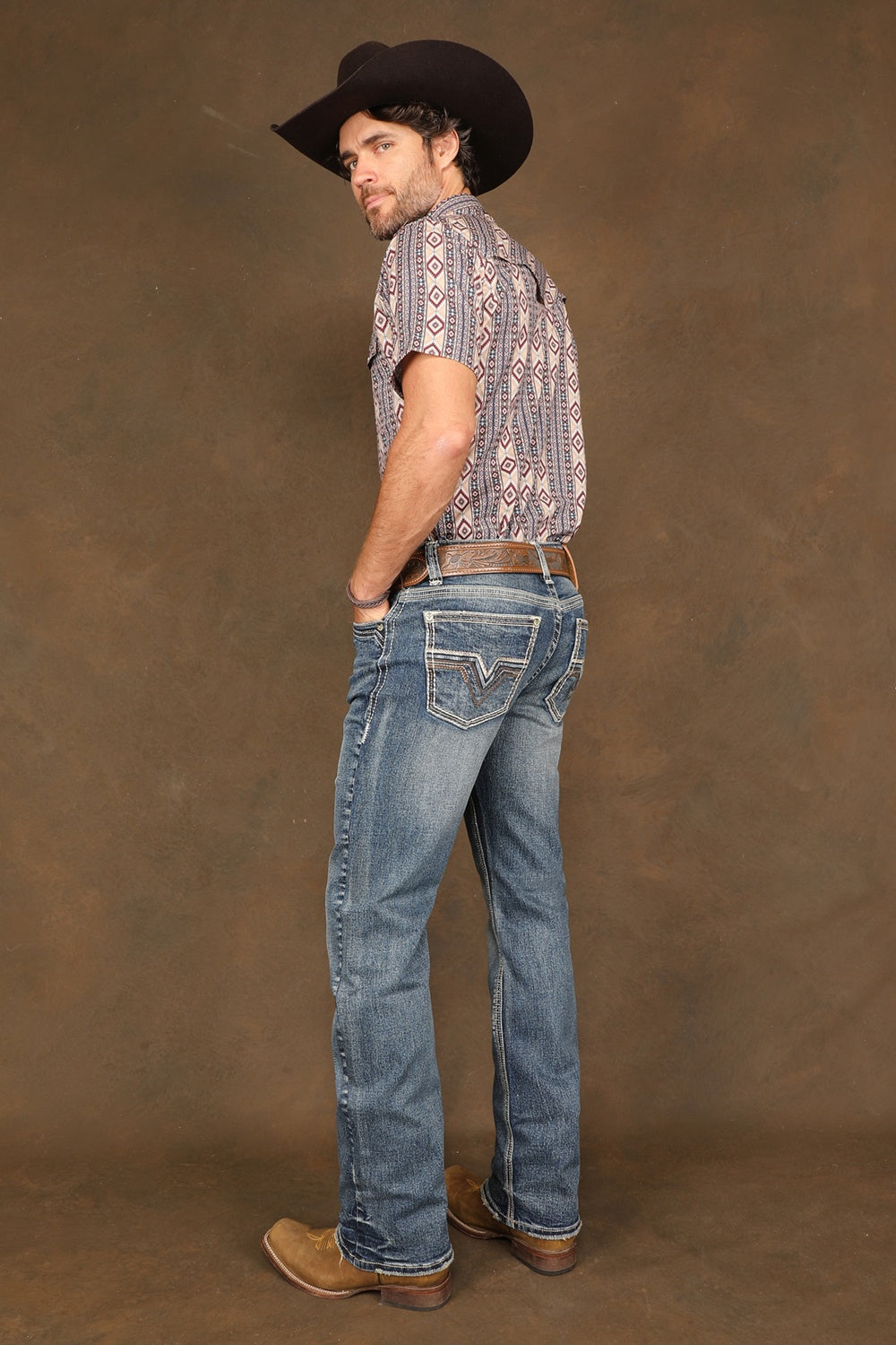 Back view of men's Western Blue W452 embroidered western jeans