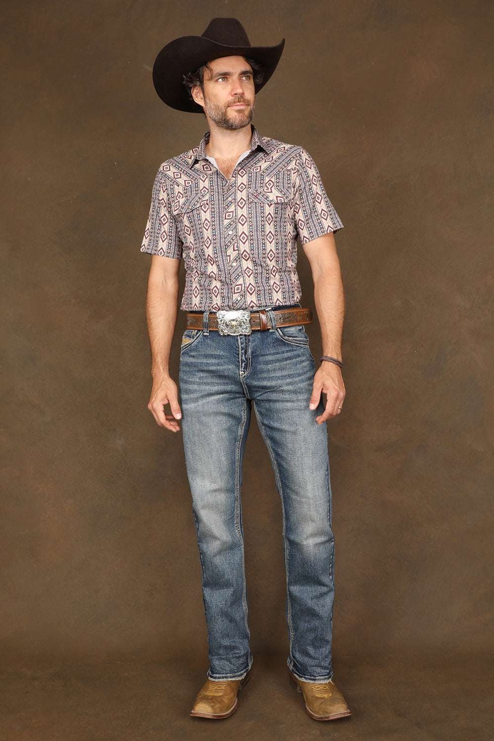 Front view of men's Western Blue W452 embroidered western jeans