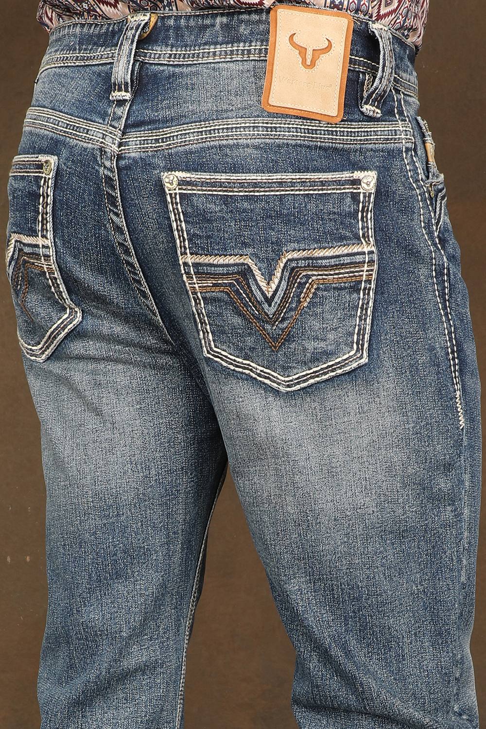Back-pocket detail of men's Western Blue W452 embroidered western jeans