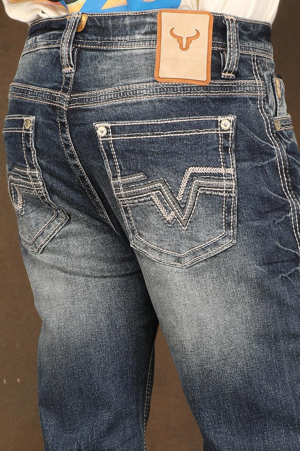 V-embroidered back-pocket detail of men's Western Blue W454 jeans