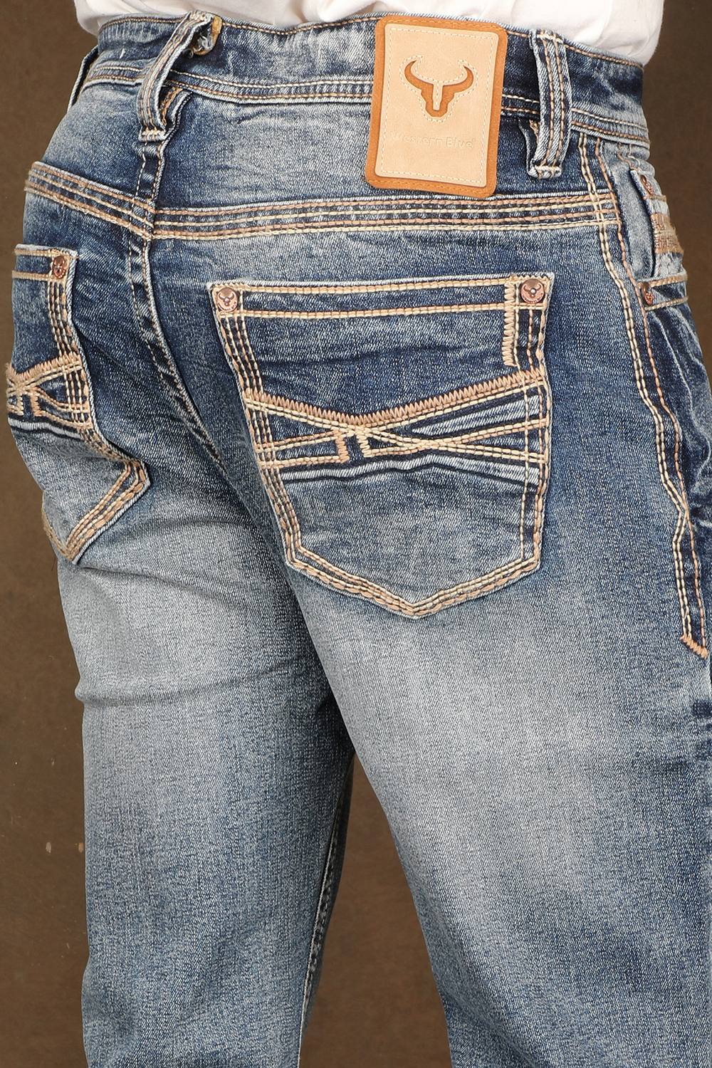 Diagonal embroidered back-pocket detail of men's Western Blue W456 jeans