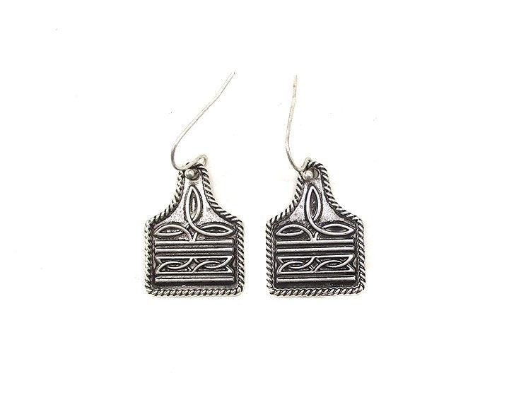Silver western boot stitch cattle tag earrings