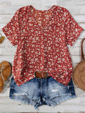 Western Chic Rustic Red Ditsy Floral Print V-Neck Top