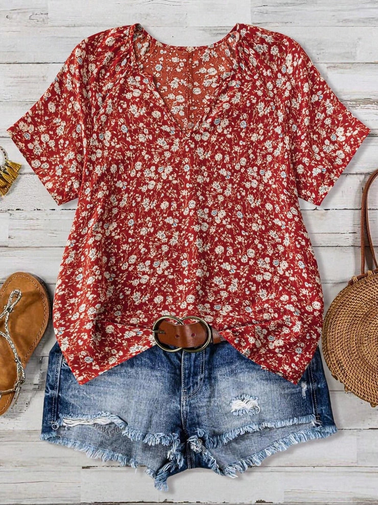 Western Chic Rustic Red Ditsy Floral Print V-Neck Top