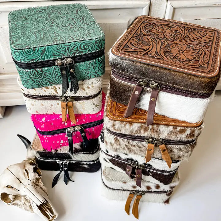 Western Cowhide Leather Jewelry Box - travel storage