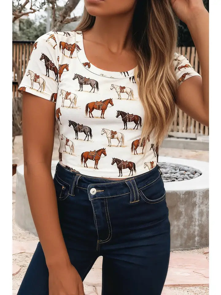 Western Horse Print Short Sleeve Scoop Neck Top (S-Xl)