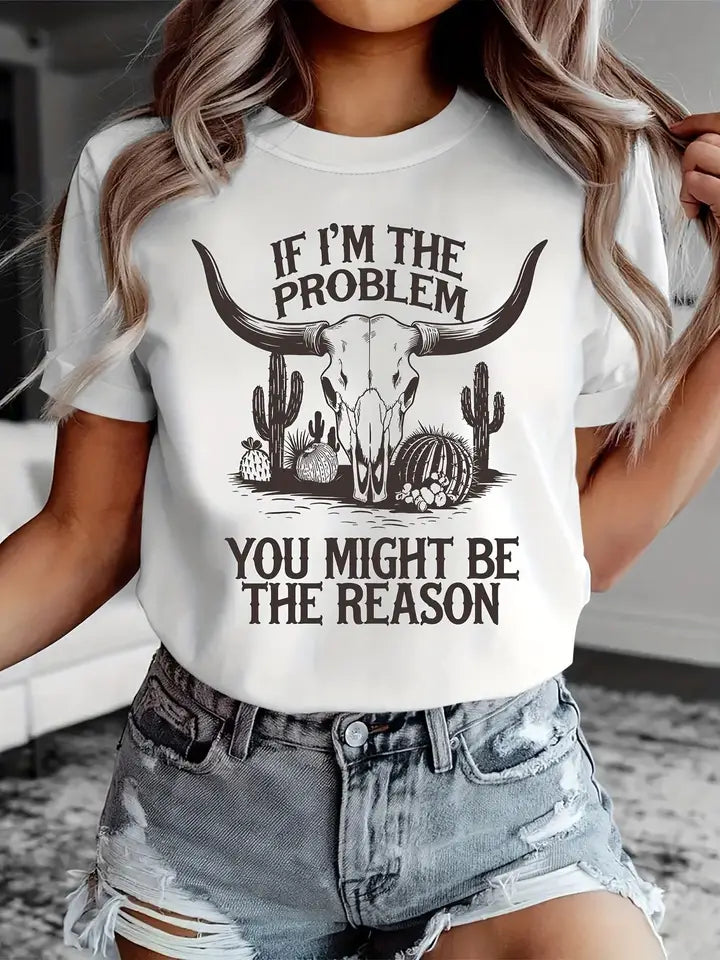 Western Longhorn Cactus Slogan Graphic T-Shirt Cotton Tees