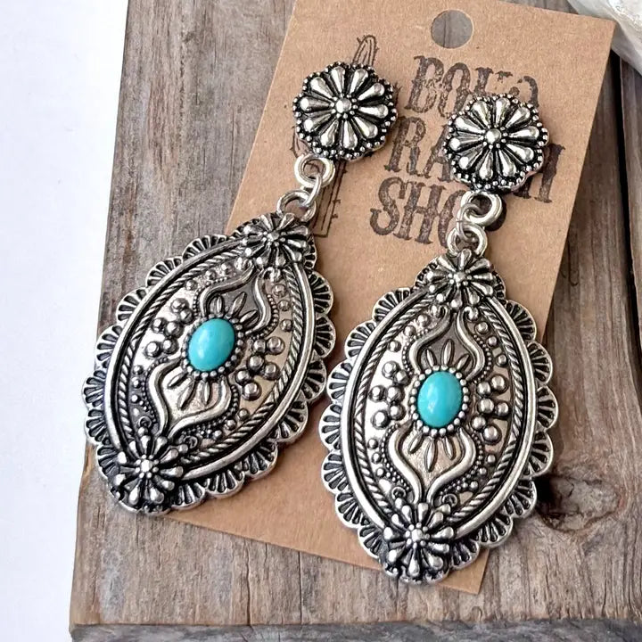 Western Oval Turquoise Stone Statement Post Drop Earrings