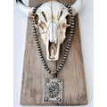Western-style pearl rectangle pendant necklace in brushed silver and copper