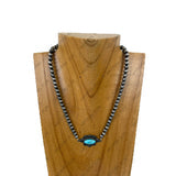 Western silver-tone pearl-style bead necklace with turquoise-colored cross pendant