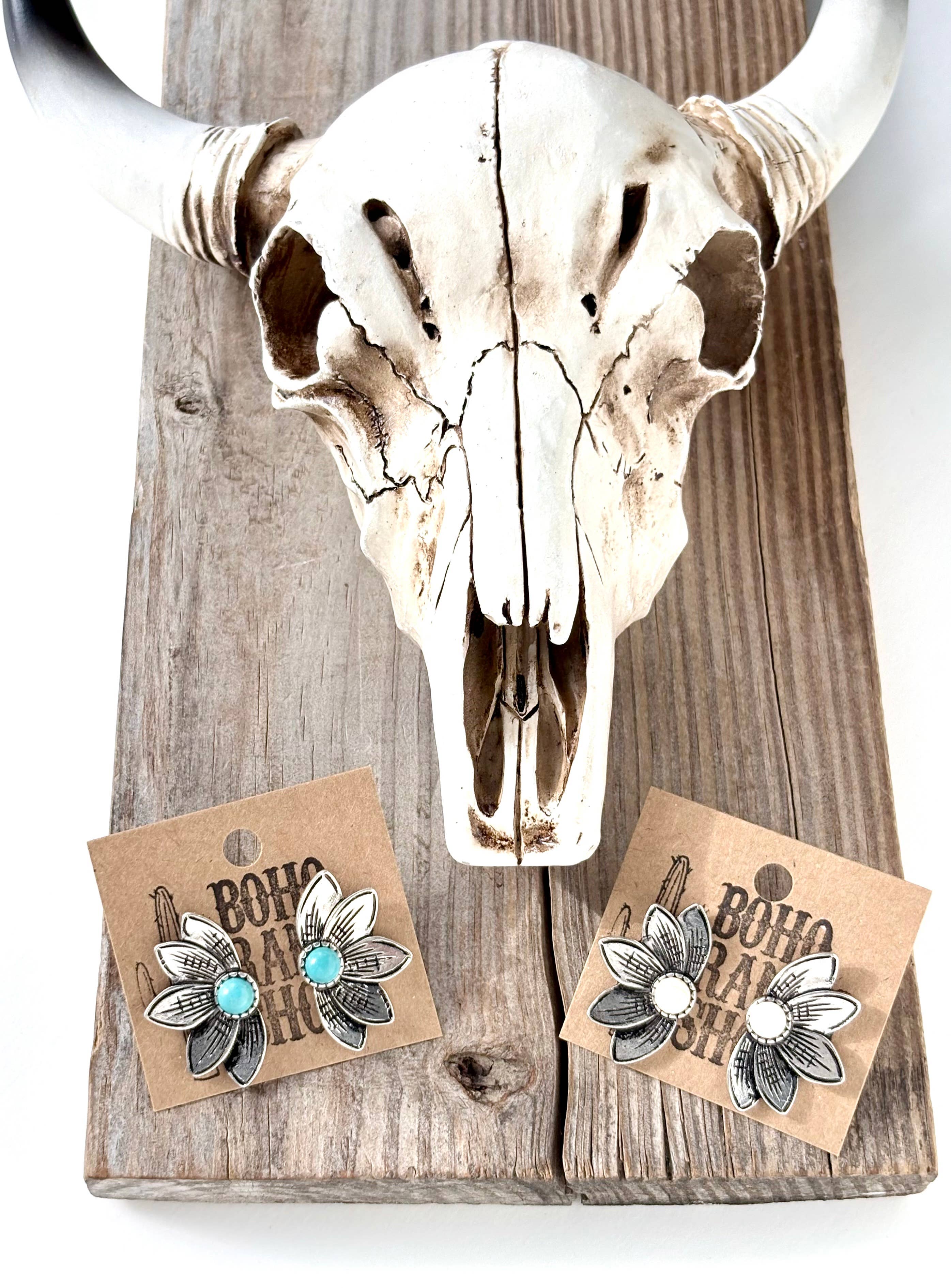 Western Style Flower Turquoise Stone Stud Earrings, supplier view 2