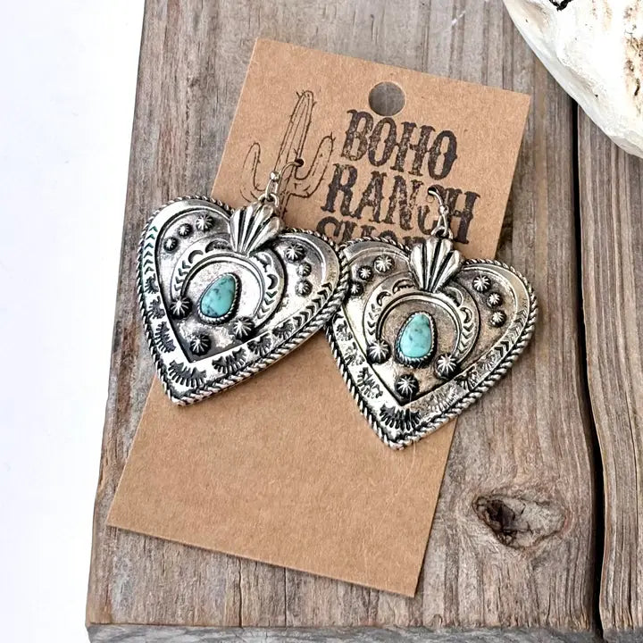 Western Style Heart Turquoise One Stone Dangle Earrings