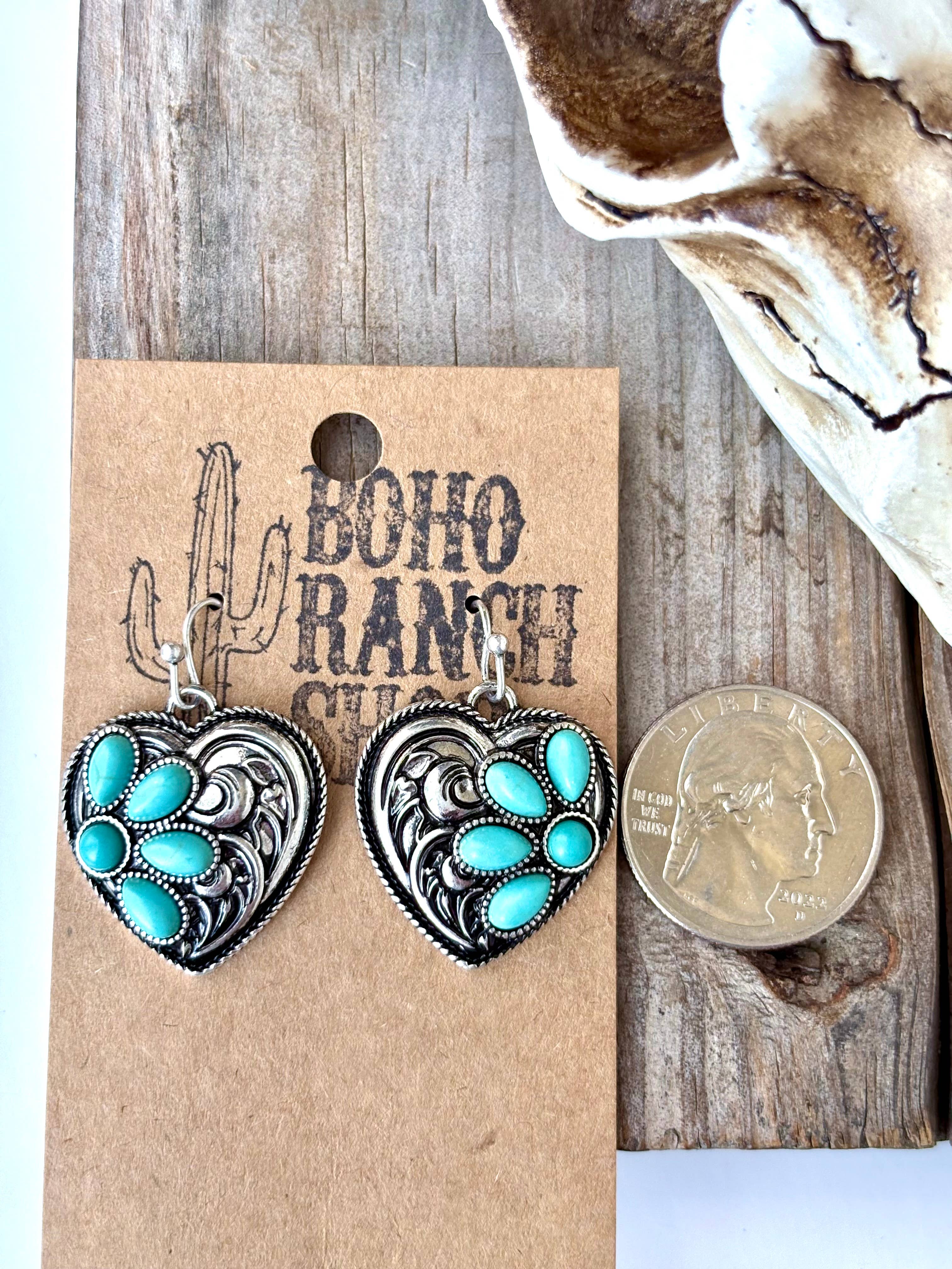 Western Style Heart w/ Turquoise Stone Dangle Earrings, supplier view 2