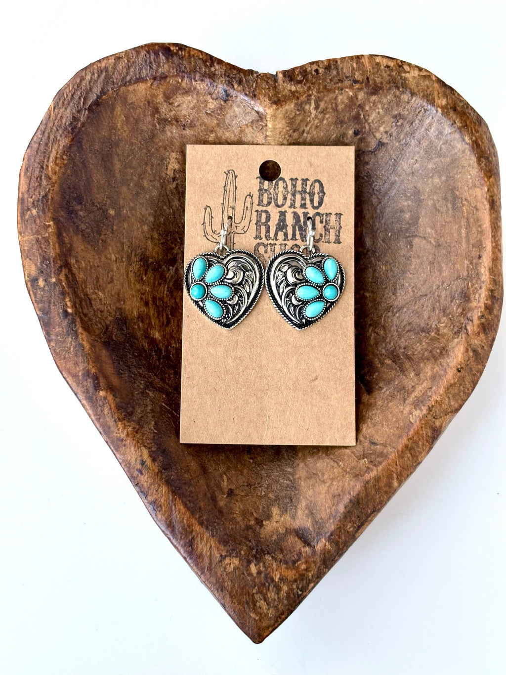 Western Style Heart w/ Turquoise Stone Dangle Earrings, supplier view 3