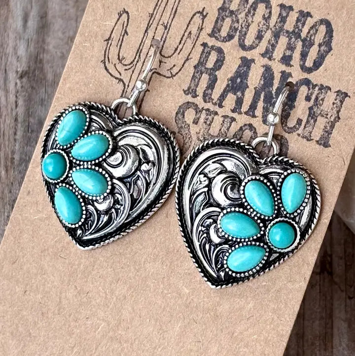 Western Style Heart w/ Turquoise Stone Dangle Earrings