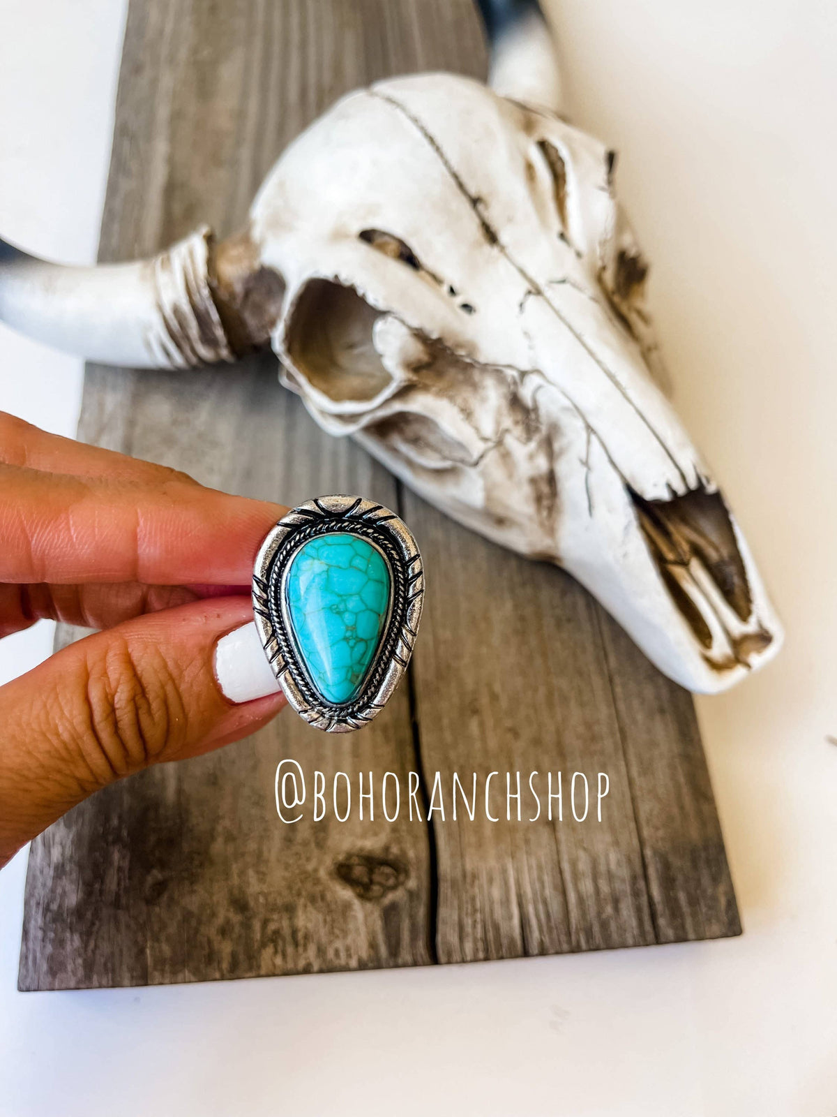Western teardrop turquoise stone cuff ring front view