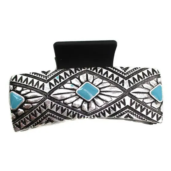 Silver-tone western hair claw with turquoise stone accents