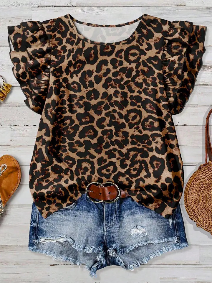 Western Vintage Summer Ruffled Sleeve Leopard Print Top