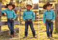 Three boys modeling the Wrangler turquoise geometric print western snap shirt