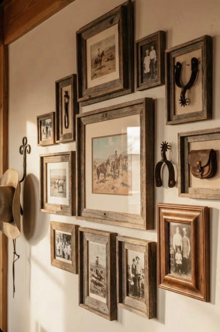 Rustic framed western artwork and heirlooms