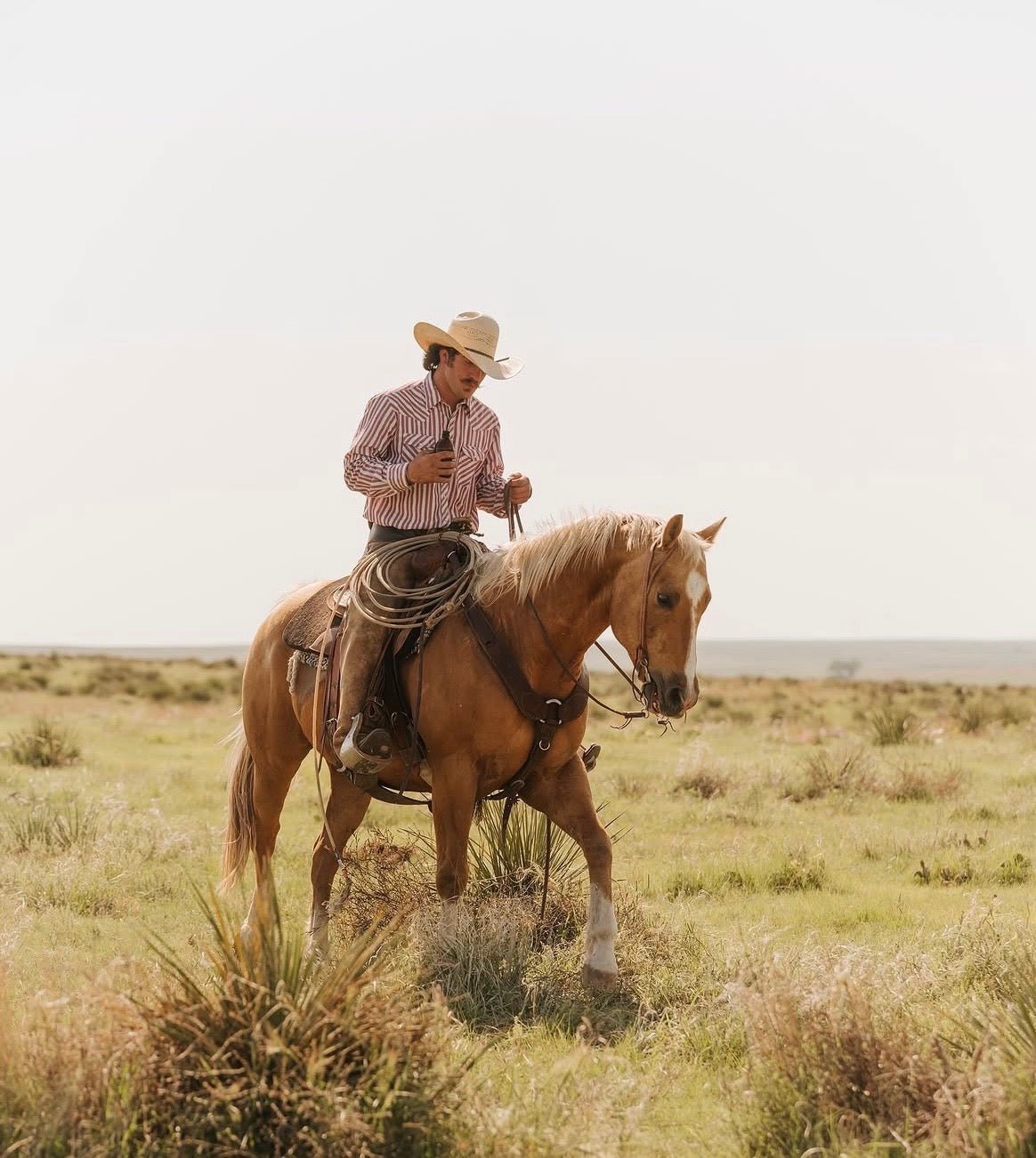 Cowboy riding a horse across open ranch land